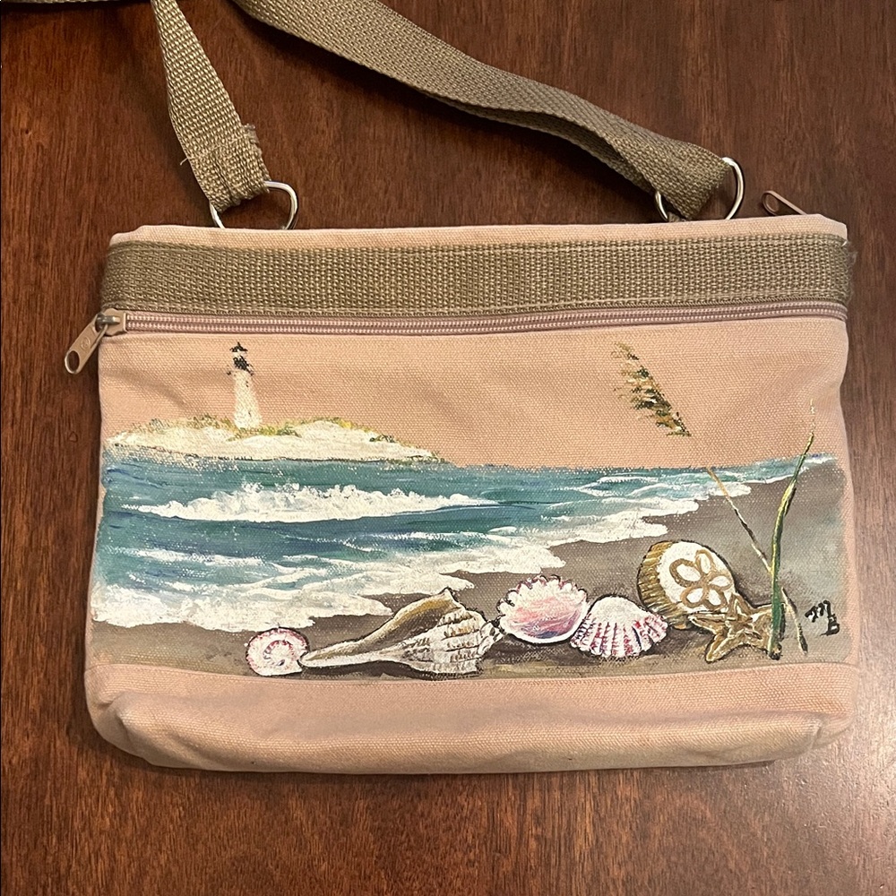 Beige Canvas Beach-Themed Crossbody Bag